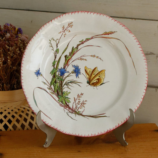 PAPILLON Sarreguemines U&C French Antique Ironstone Polychrome Dinner Plate Terre de Fer Faience Butterfly