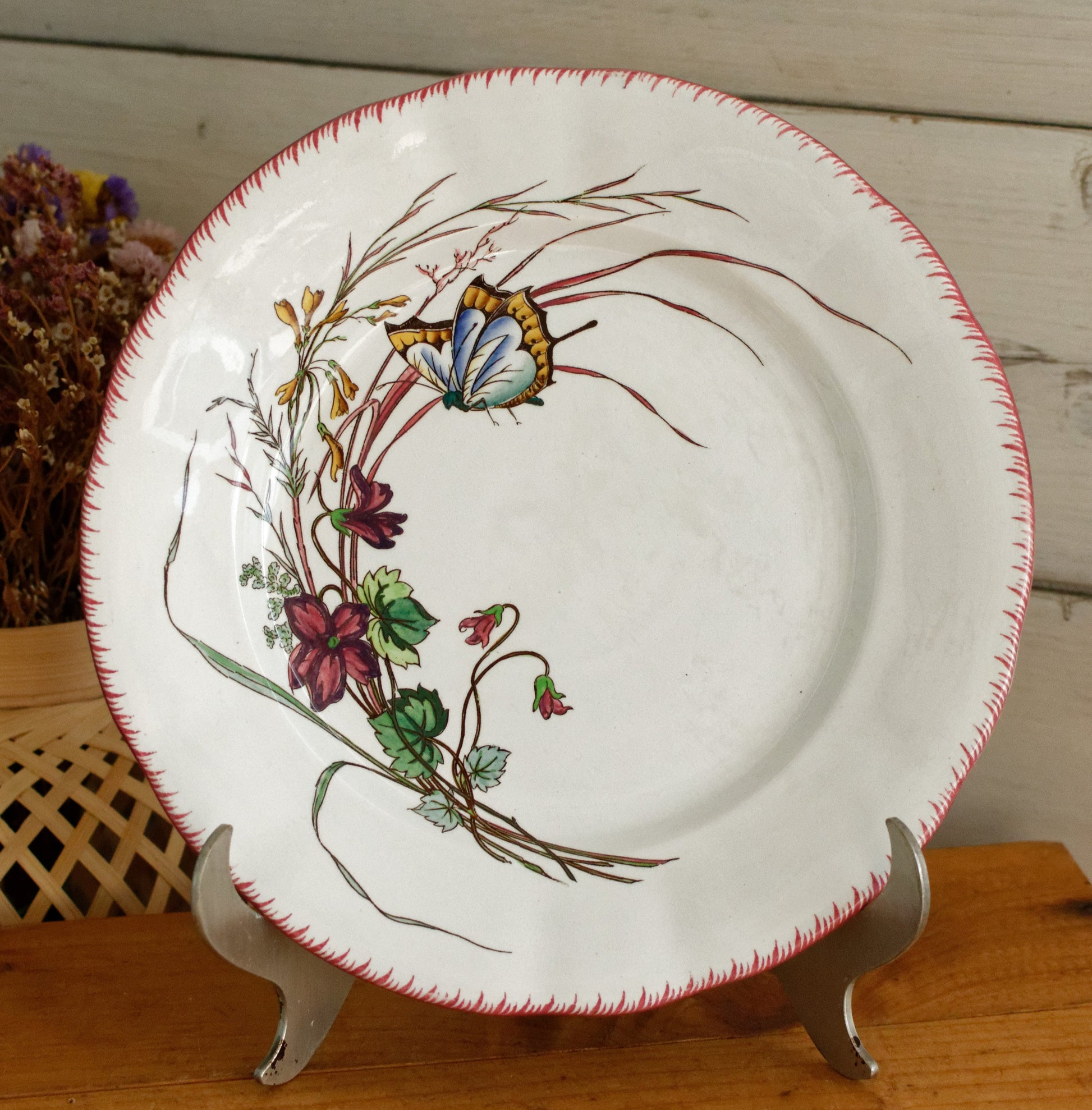 PAPILLON Sarreguemines U&C French Antique Ironstone Polychrome Dinner Plate Terre de Fer Faience Butterfly