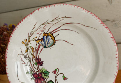 PAPILLON Sarreguemines U&C French Antique Ironstone Polychrome Dinner Plate Terre de Fer Faience Butterfly