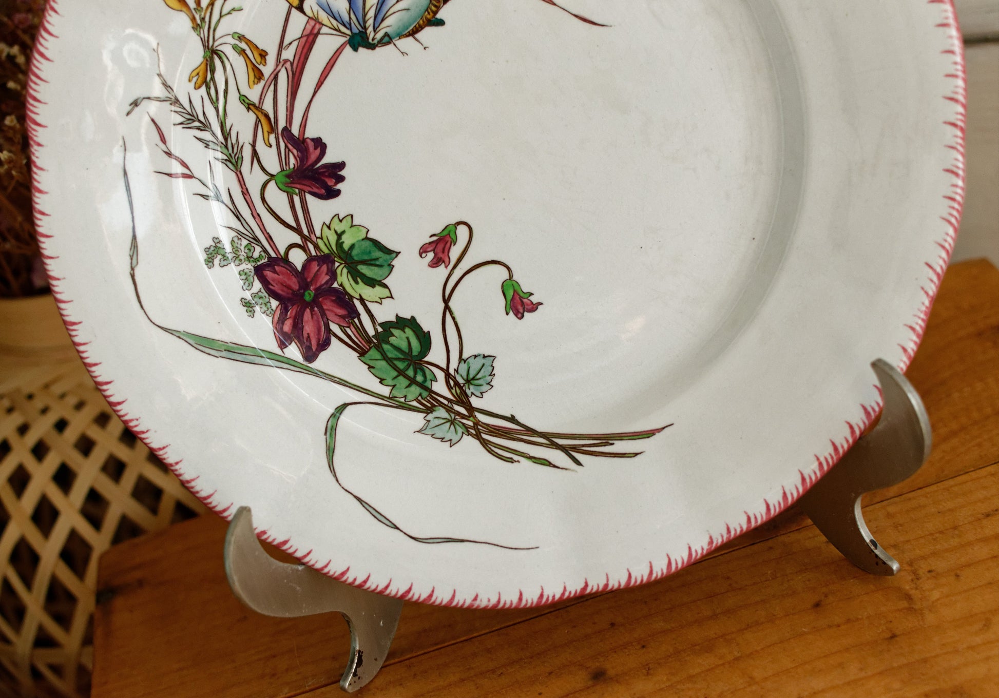 PAPILLON Sarreguemines U&C French Antique Ironstone Polychrome Dinner Plate Terre de Fer Faience Butterfly