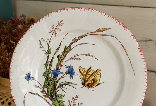 PAPILLON Sarreguemines U&C French Antique Ironstone Polychrome Dinner Plate Terre de Fer Faience Butterfly
