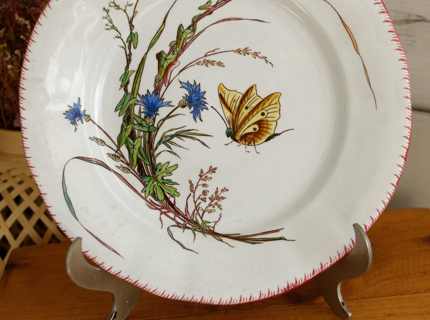 PAPILLON Sarreguemines U&C French Antique Ironstone Polychrome Dinner Plate Terre de Fer Faience Butterfly