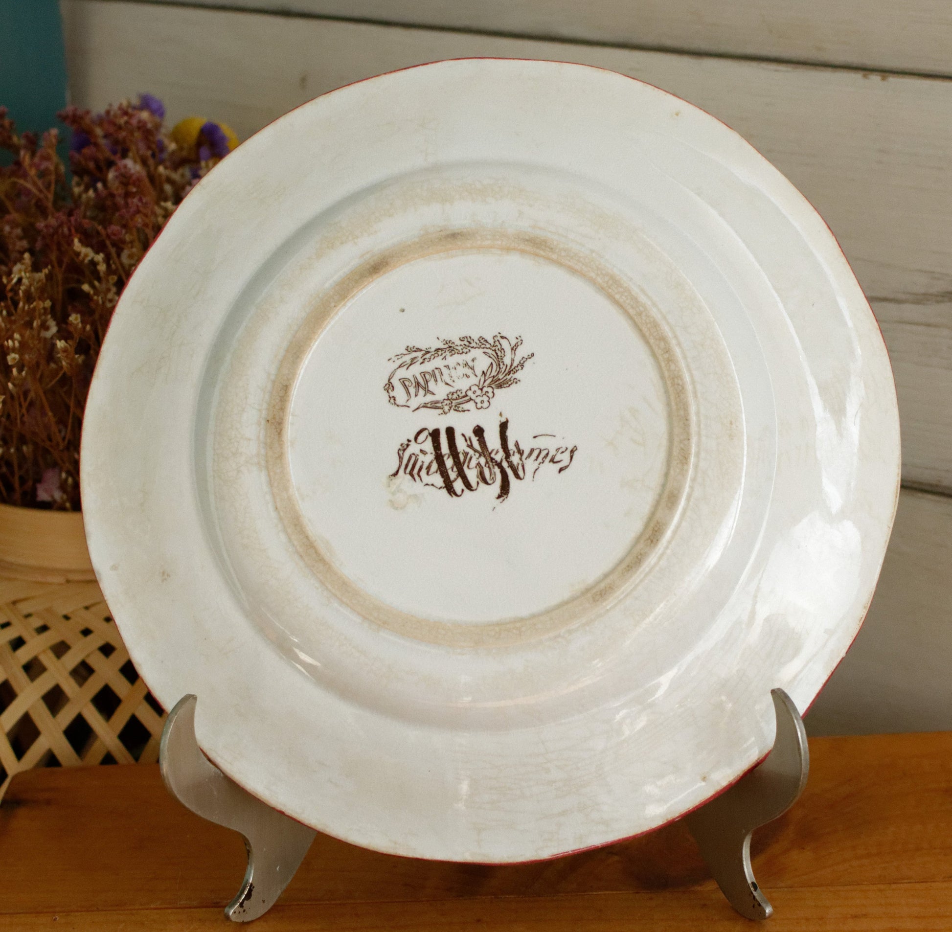 PAPILLON Sarreguemines U&C French Antique Ironstone Polychrome Dinner Plate Terre de Fer Faience Butterfly