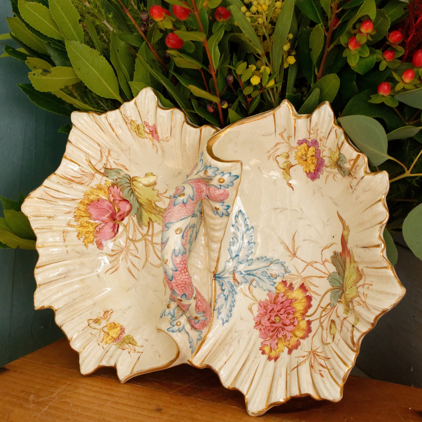 PAVOT K&G (Keller et Guérin) Lunéville French Antique Ironstone Polychrome Display Stand with Handle PRESENTOIR Terre de Fer en Faience