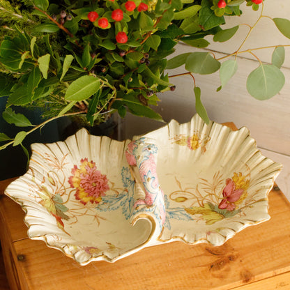 PAVOT K&G (Keller et Guérin) Lunéville French Antique Ironstone Polychrome Display Stand with Handle PRESENTOIR Terre de Fer en Faience