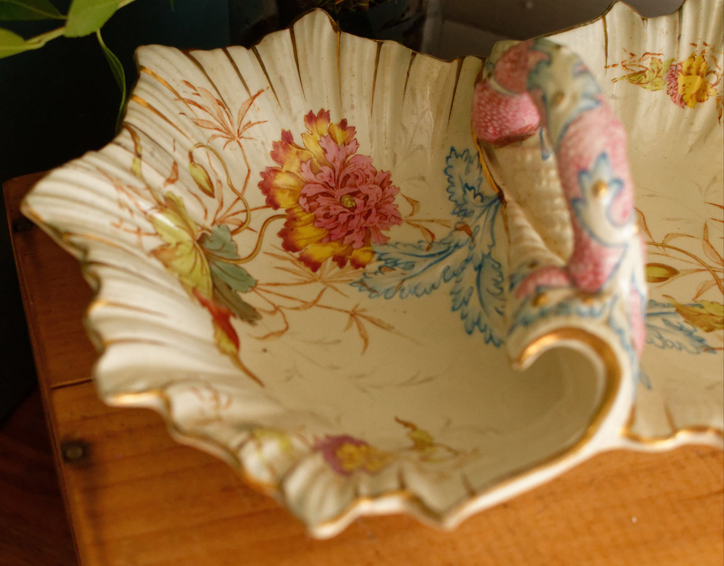 PAVOT K&G (Keller et Guérin) Lunéville French Antique Ironstone Polychrome Display Stand with Handle PRESENTOIR Terre de Fer en Faience