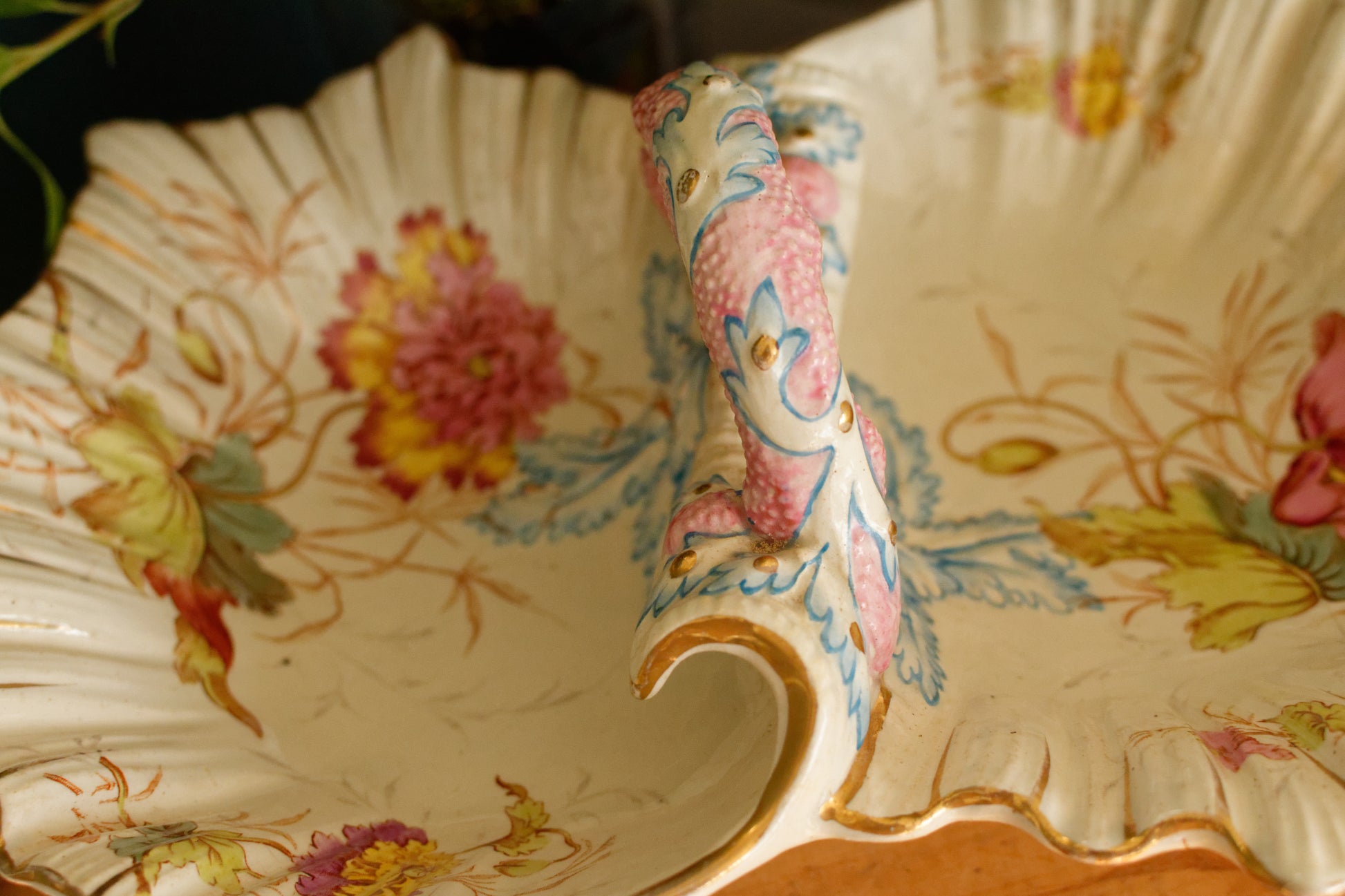 PAVOT K&G (Keller et Guérin) Lunéville French Antique Ironstone Polychrome Display Stand with Handle PRESENTOIR Terre de Fer en Faience