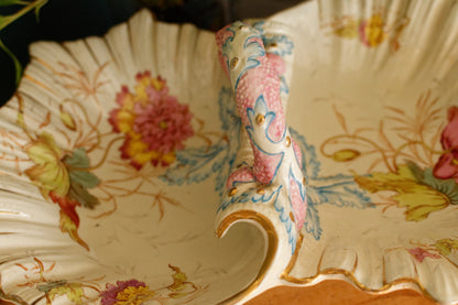 PAVOT K&G (Keller et Guérin) Lunéville French Antique Ironstone Polychrome Display Stand with Handle PRESENTOIR Terre de Fer en Faience