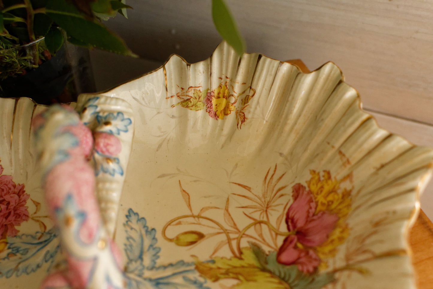 PAVOT K&G (Keller et Guérin) Lunéville French Antique Ironstone Polychrome Display Stand with Handle PRESENTOIR Terre de Fer en Faience