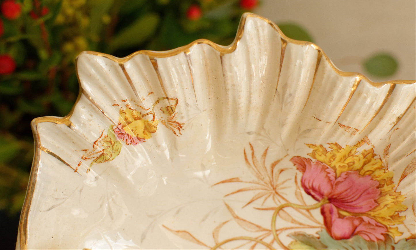 PAVOT K&G (Keller et Guérin) Lunéville French Antique Ironstone Polychrome Display Stand with Handle PRESENTOIR Terre de Fer en Faience