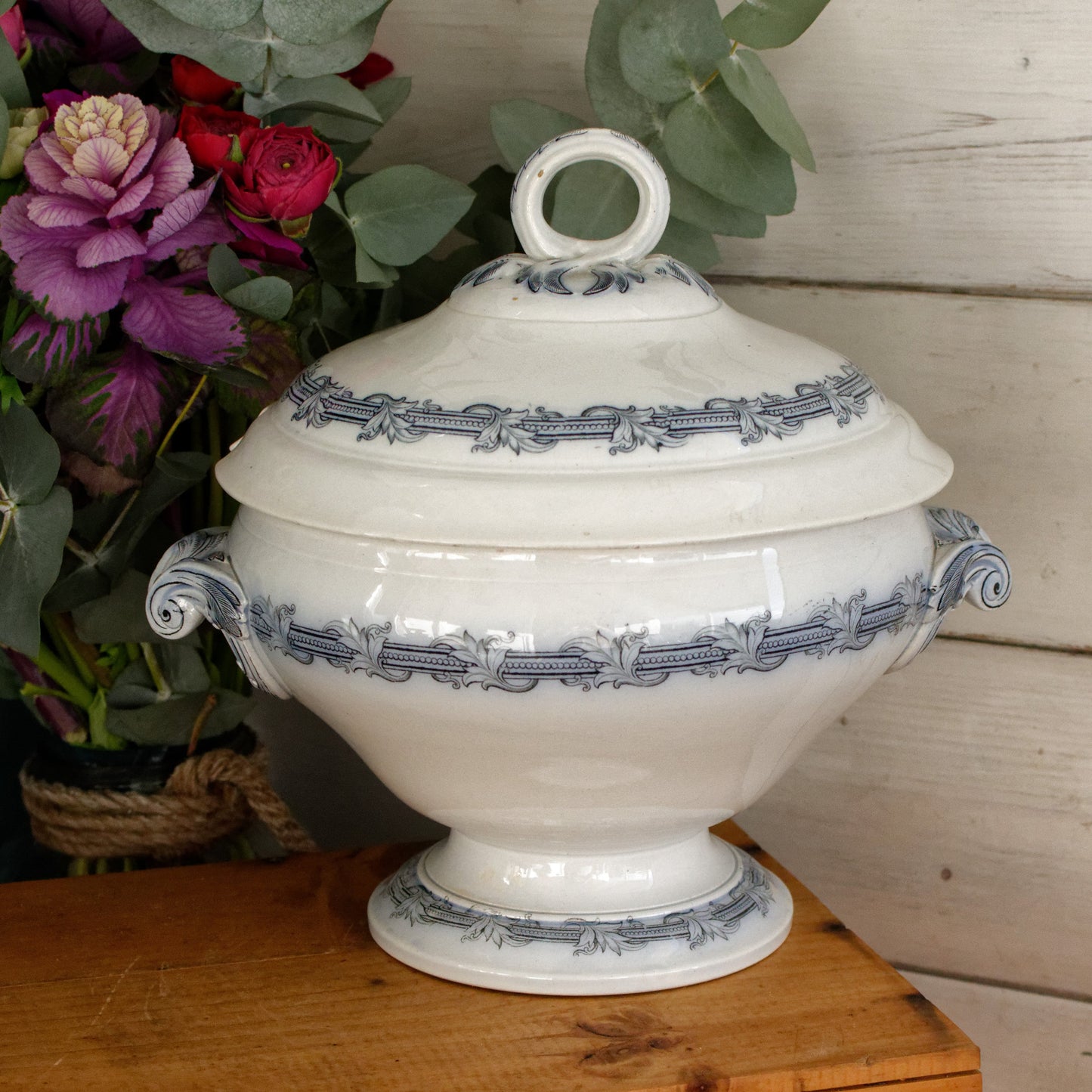 VILLEROY & BOCH Mettlach Geschirr PERLEN French German Vintage Ironstone Blue Transferware Soup Tureen Soupière Terre de Fer Faience