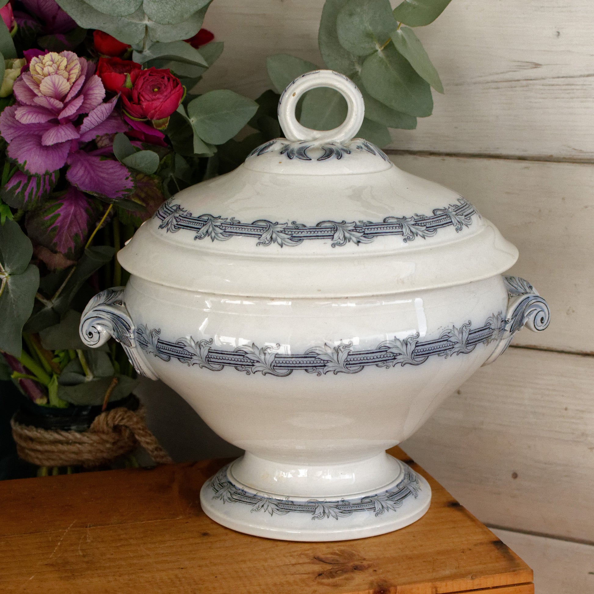 VILLEROY & BOCH Mettlach Geschirr PERLEN French German Vintage Ironstone Blue Transferware Soup Tureen Soupière Terre de Fer Faience