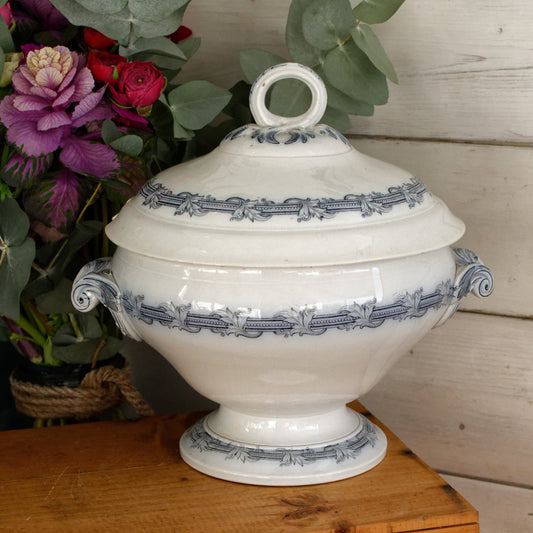 VILLEROY & BOCH Mettlach Geschirr PERLEN French German Vintage Ironstone Blue Transferware Soup Tureen Soupière Terre de Fer Faience
