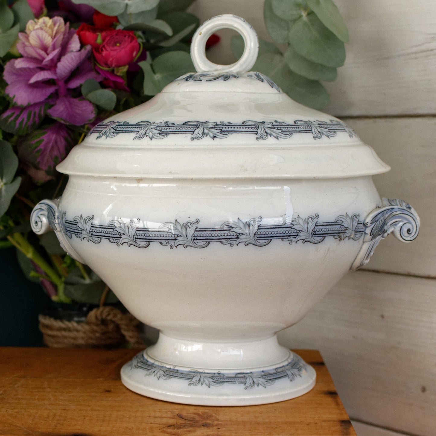 VILLEROY & BOCH Mettlach Geschirr PERLEN French German Vintage Ironstone Blue Transferware Soup Tureen Soupière Terre de Fer Faience