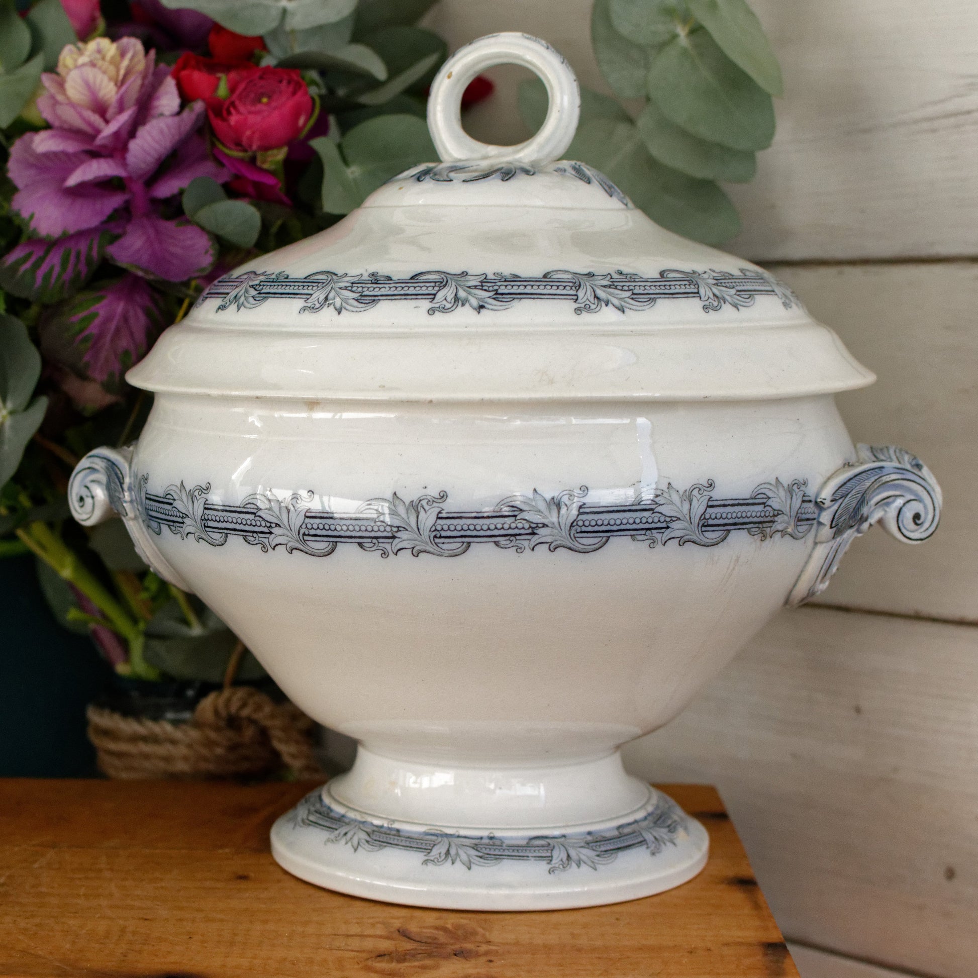 VILLEROY & BOCH Mettlach Geschirr PERLEN French German Vintage Ironstone Blue Transferware Soup Tureen Soupière Terre de Fer Faience