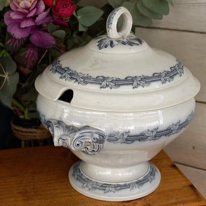 VILLEROY & BOCH Mettlach Geschirr PERLEN French German Vintage Ironstone Blue Transferware Soup Tureen Soupière Terre de Fer Faience