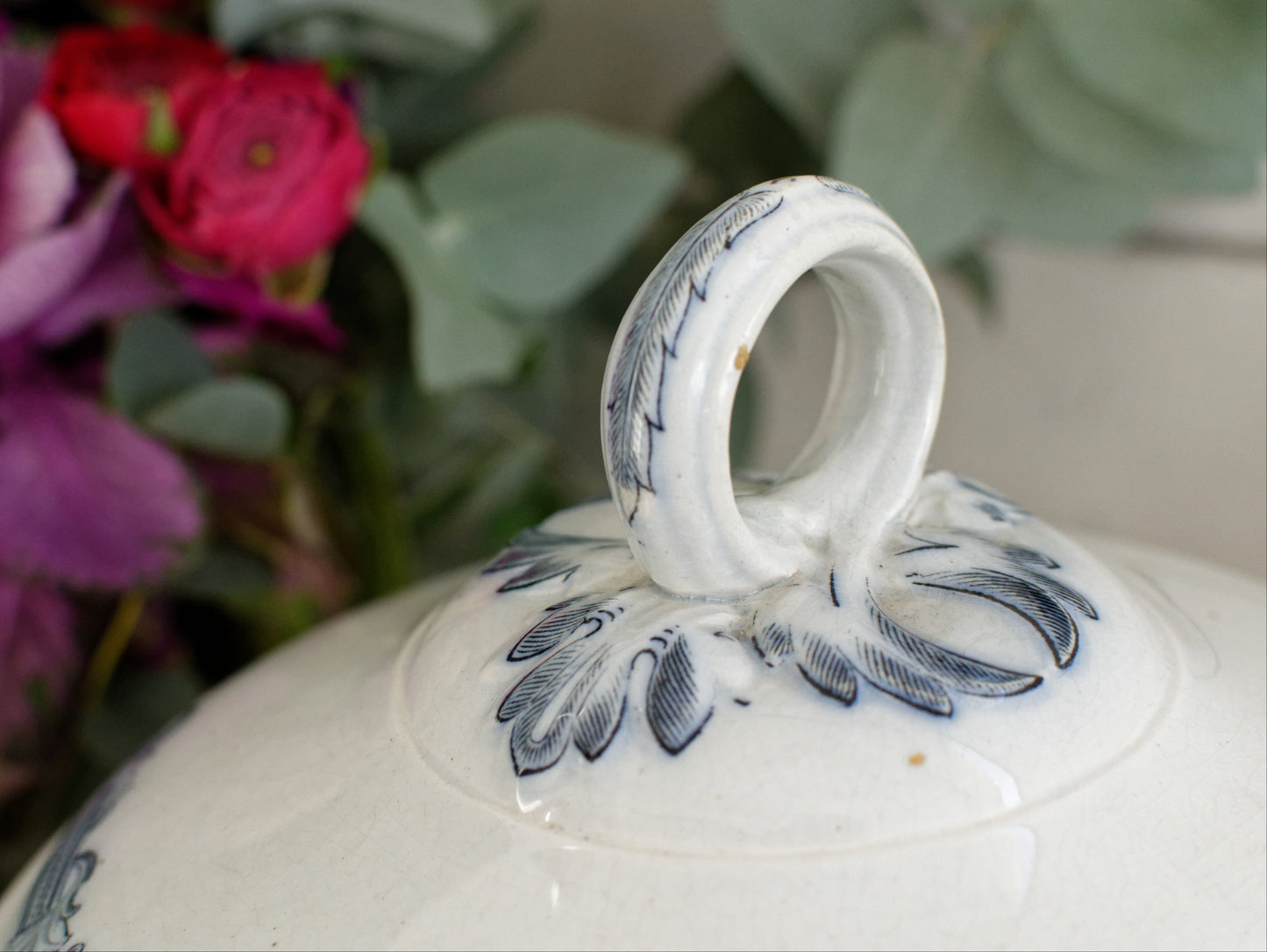 VILLEROY & BOCH Mettlach Geschirr PERLEN French German Vintage Ironstone Blue Transferware Soup Tureen Soupière Terre de Fer Faience