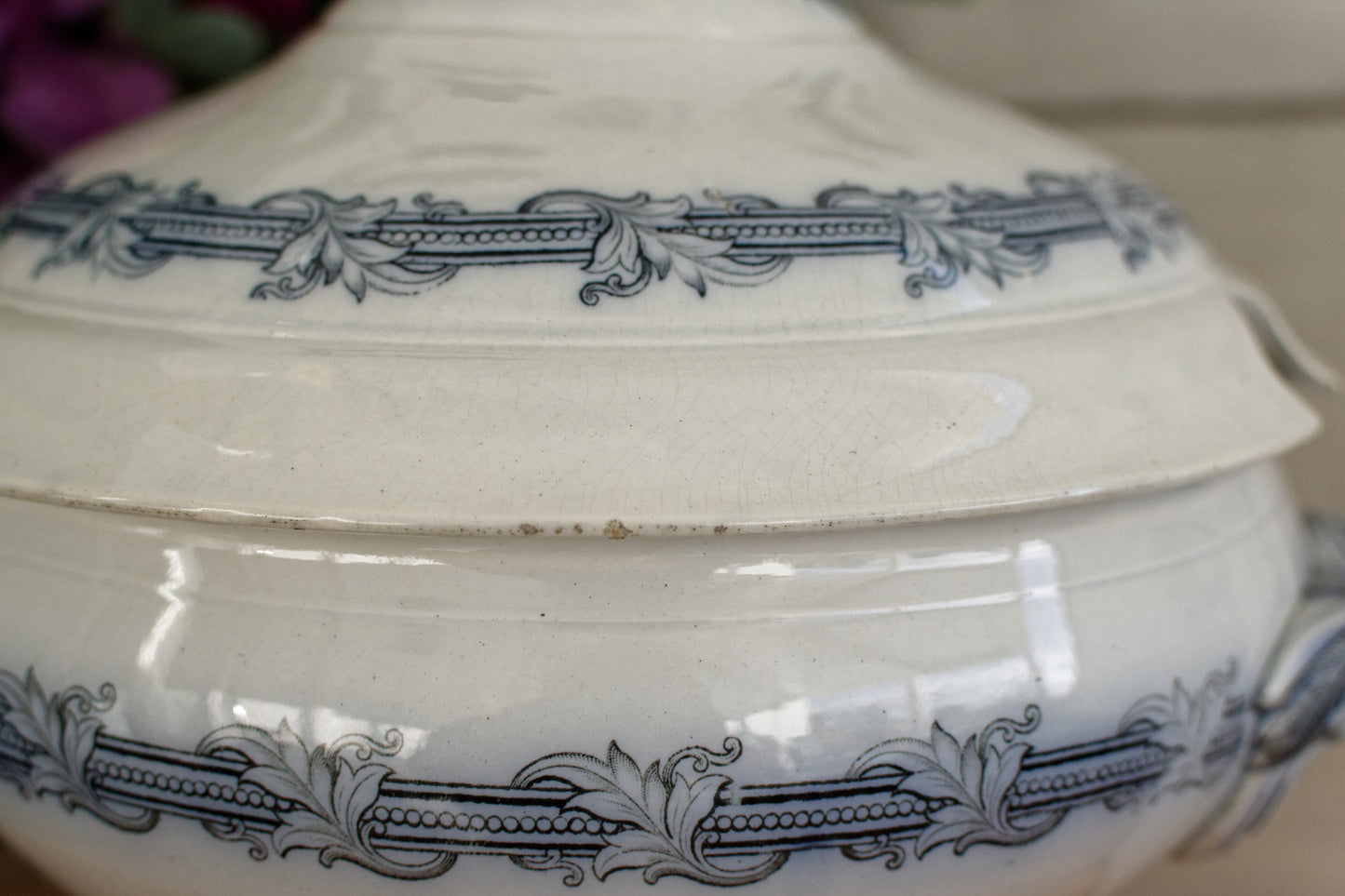 VILLEROY & BOCH Mettlach Geschirr PERLEN French German Vintage Ironstone Blue Transferware Soup Tureen Soupière Terre de Fer Faience