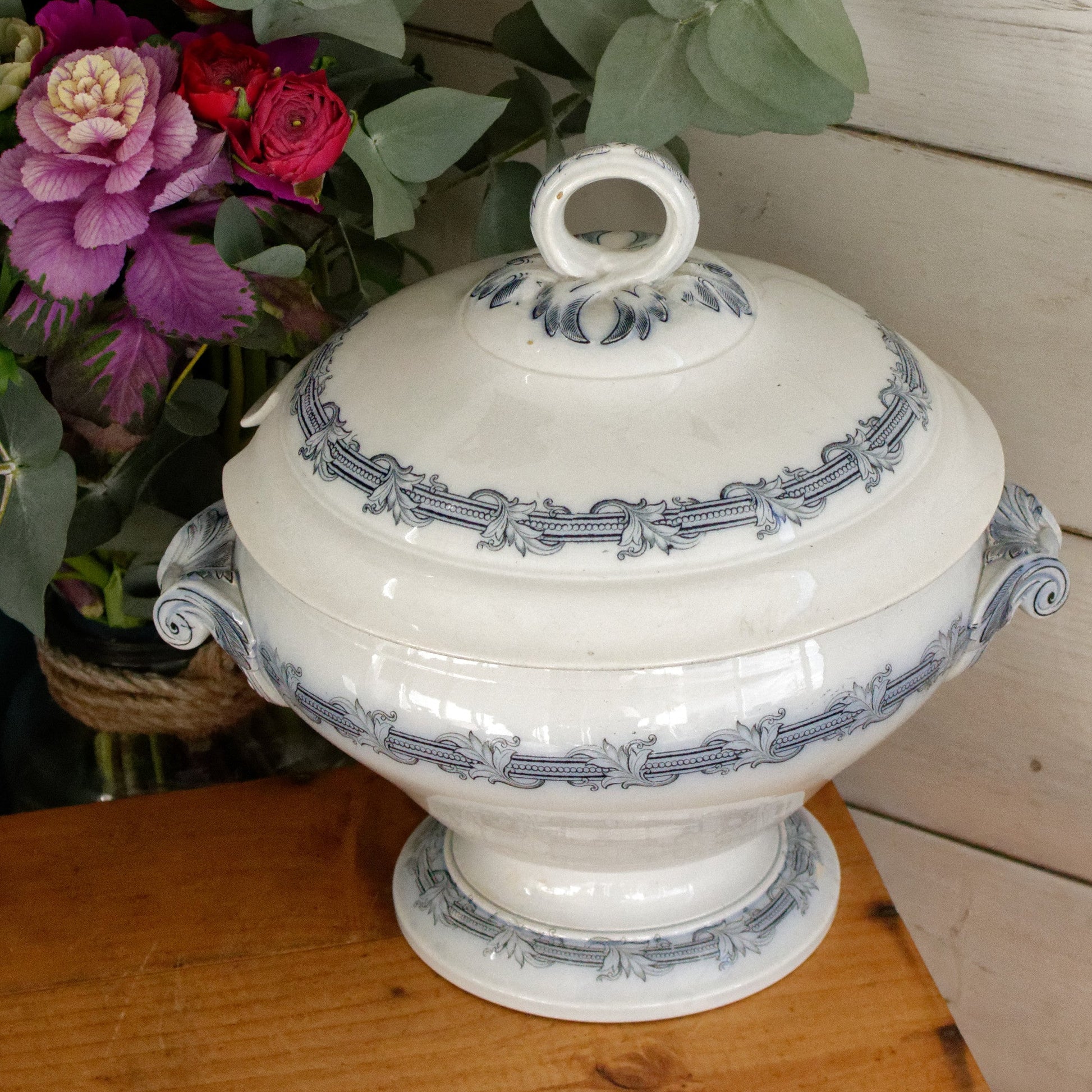 VILLEROY & BOCH Mettlach Geschirr PERLEN French German Vintage Ironstone Blue Transferware Soup Tureen Soupière Terre de Fer Faience