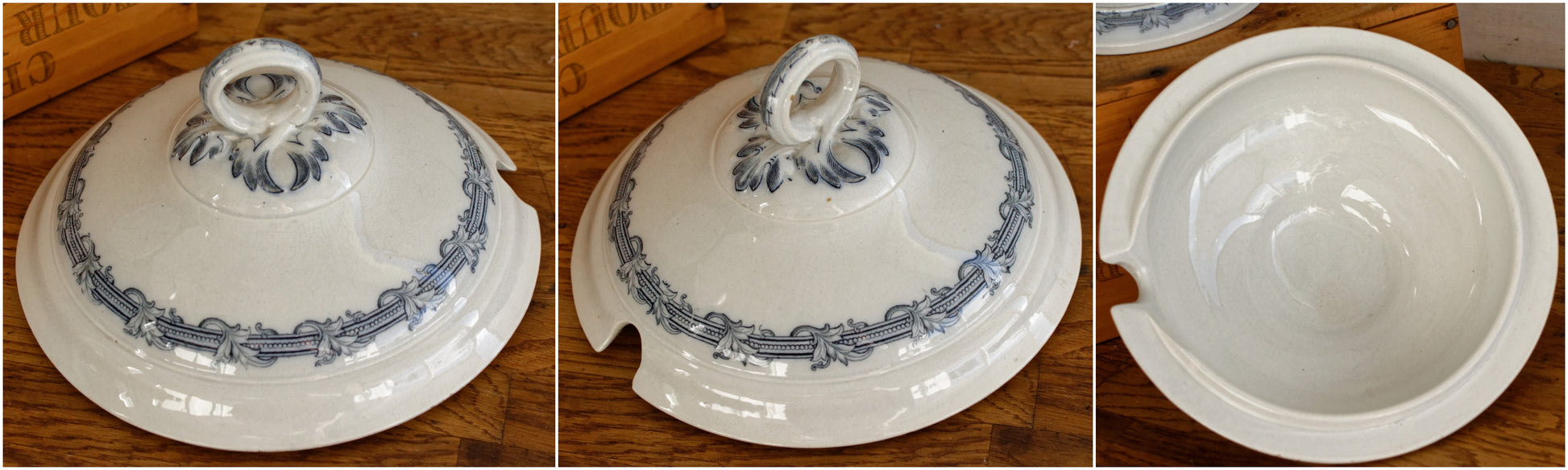 VILLEROY & BOCH Mettlach Geschirr PERLEN French German Vintage Ironstone Blue Transferware Soup Tureen Soupière Terre de Fer Faience
