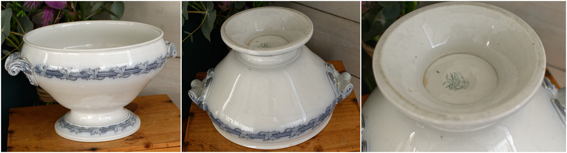VILLEROY & BOCH Mettlach Geschirr PERLEN French German Vintage Ironstone Blue Transferware Soup Tureen Soupière Terre de Fer Faience
