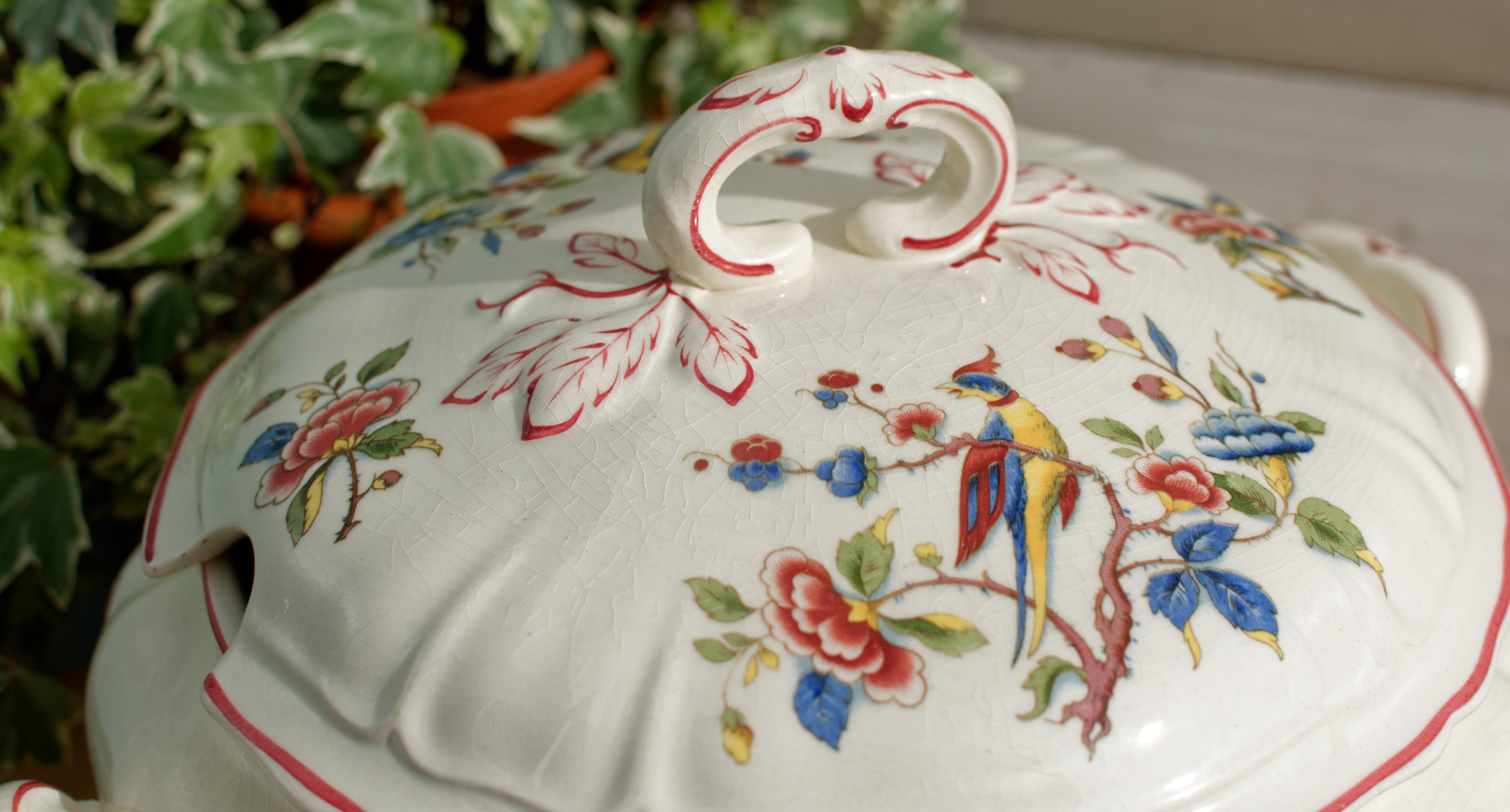 French Moulins de loups Rosebuds Hand painted Ironstone Tureen Soupiere antique 1910 good Shabby Chic Tureen