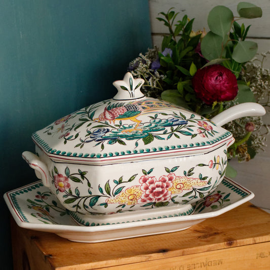 Portuguese Vintage Collectible Ceramica Ironstone Polychrome Covered Soup Tureen Serving Plate & Spoon Ladle "Louche" 4 Piece Set