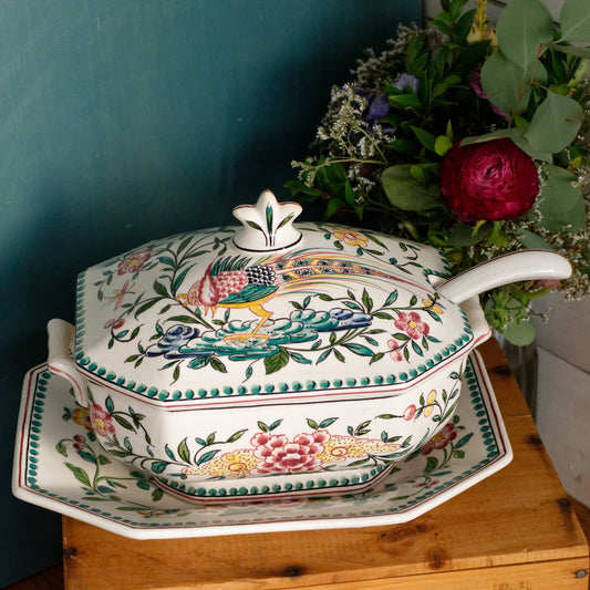 Portuguese Vintage Collectible Ceramica Ironstone Polychrome Covered Soup Tureen Serving Plate & Spoon Ladle "Louche" 4 Piece Set