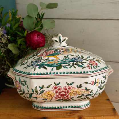 Portuguese Vintage Collectible Ceramica Ironstone Polychrome Covered Soup Tureen & Serving Plate Set