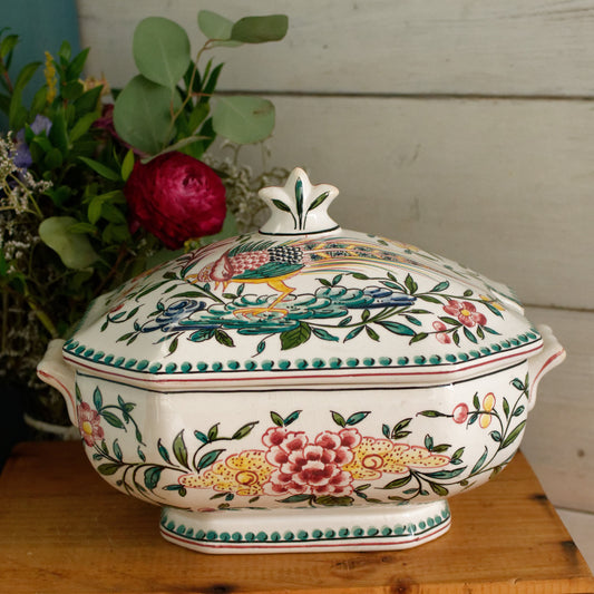 Portuguese Vintage Collectible Ceramica Ironstone Polychrome Covered Soup Tureen Serving Plate & Spoon Ladle "Louche" 4 Piece Set