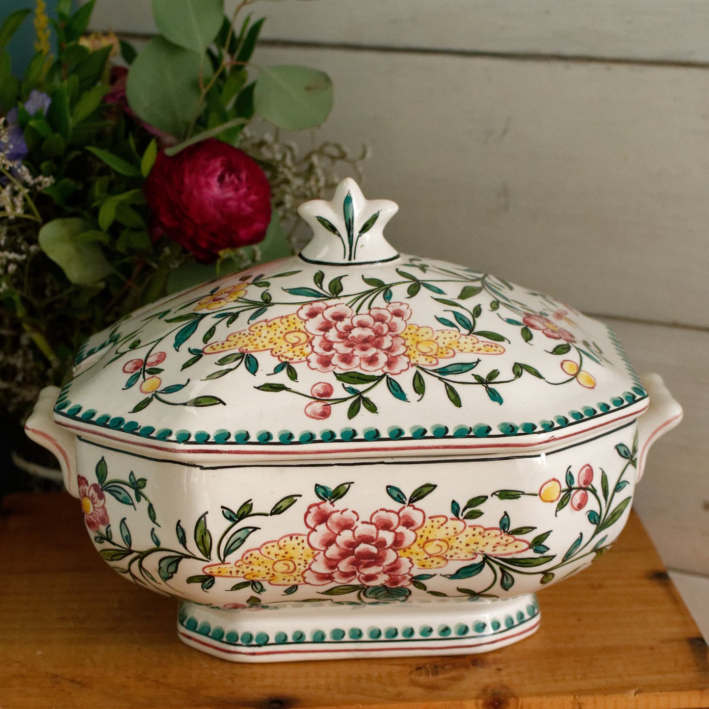 Portuguese Vintage Collectible Ceramica Ironstone Polychrome Covered Soup Tureen & Serving Plate Set