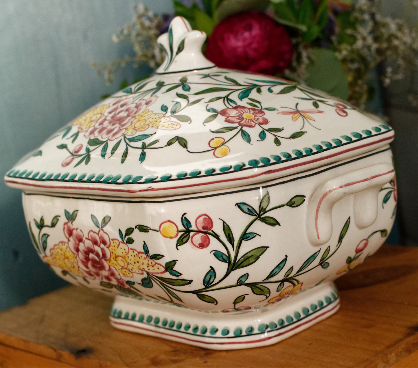 Portuguese Vintage Collectible Ceramica Ironstone Polychrome Covered Soup Tureen & Serving Plate Set