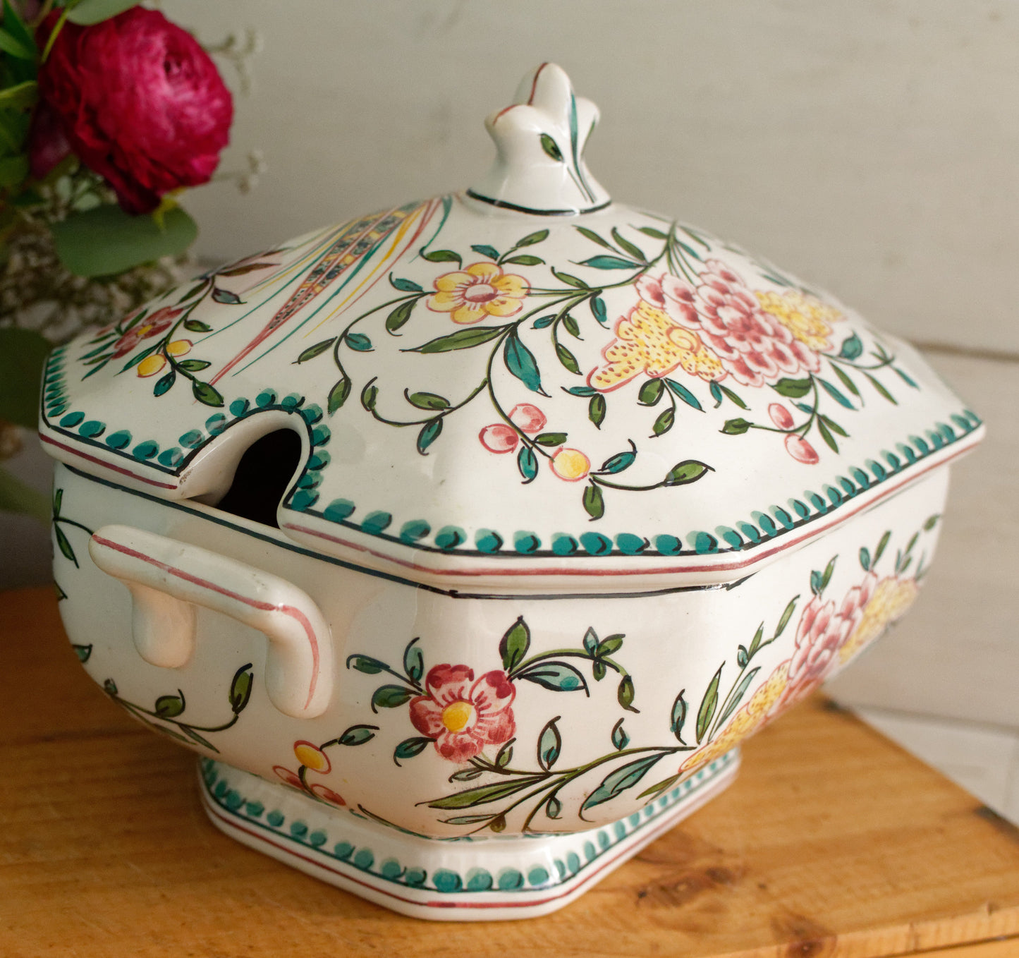 Portuguese Vintage Collectible Ceramica Ironstone Polychrome Covered Soup Tureen & Serving Plate Set