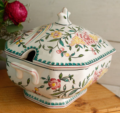 Portuguese Vintage Collectible Ceramica Ironstone Polychrome Covered Soup Tureen & Serving Plate Set