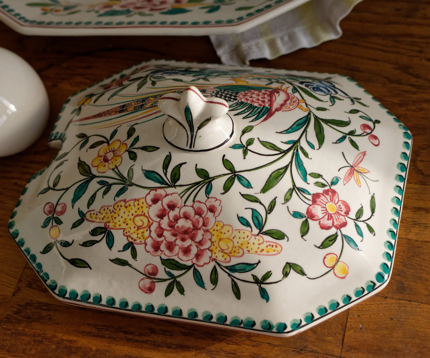 Portuguese Vintage Collectible Ceramica Ironstone Polychrome Covered Soup Tureen & Serving Plate Set