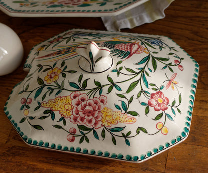 Portuguese Vintage Collectible Ceramica Ironstone Polychrome Covered Soup Tureen & Serving Plate Set