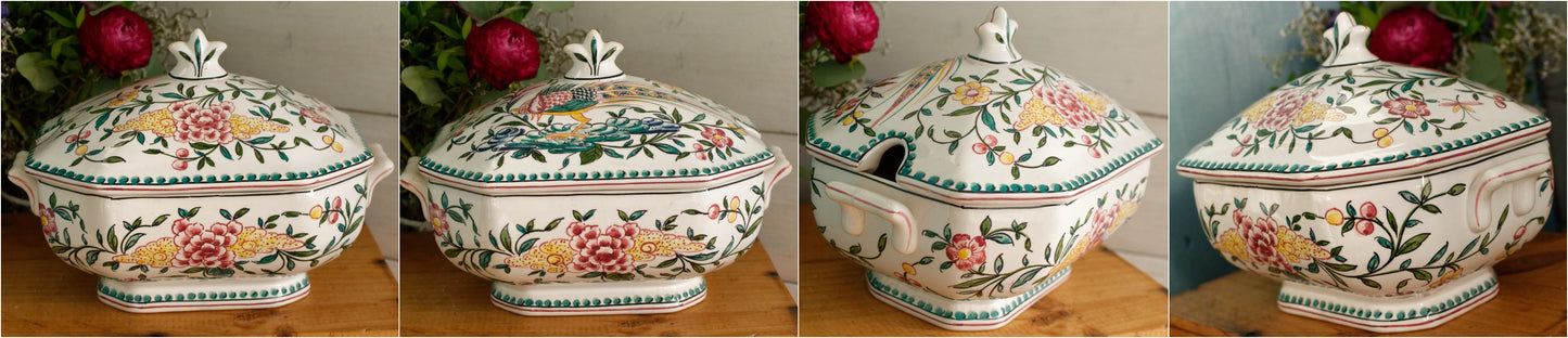 Portuguese Vintage Collectible Ceramica Ironstone Polychrome Covered Soup Tureen Serving Plate & Spoon Ladle "Louche" 4 Piece Set