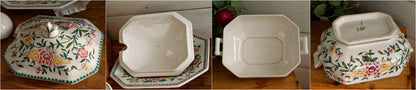 Portuguese Vintage Collectible Ceramica Ironstone Polychrome Covered Soup Tureen Serving Plate & Spoon Ladle "Louche" 4 Piece Set