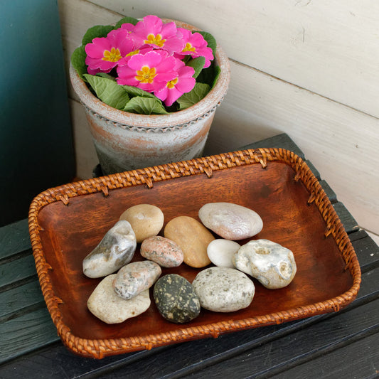French Vintage Hand-Carved Rectangle Wooden Plateau with Basket Weaved Edges ~ Primitive Farmhouse Rustic Kitchen Decor
