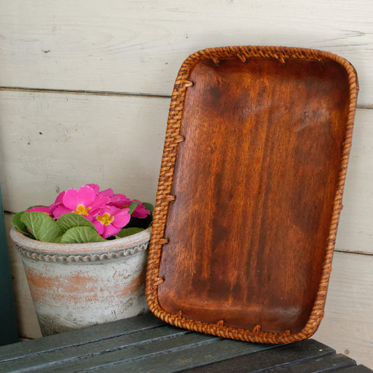 French Vintage Hand-Carved Rectangle Wooden Plateau with Basket Weaved Edges ~ Primitive Farmhouse Rustic Kitchen Decor