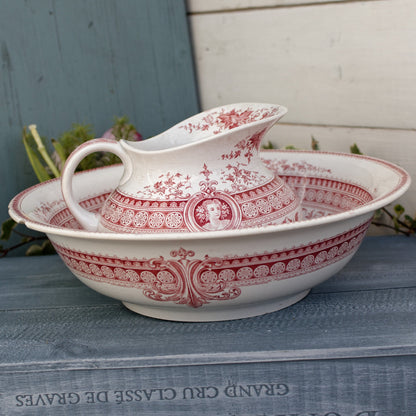 PARISA Sarreguemines U&C ~ French Antique Collectible Ironstone Red Transferware Bathroom Set Pitcher BROC & Basin CUVETTETerre de fer