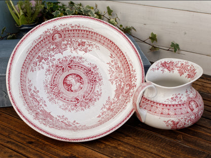 PARISA Sarreguemines U&C French Antique Collectible Ironstone Red Transferware Bathroom Set Pitcher BROC & Basin CUVETTETerre de fer