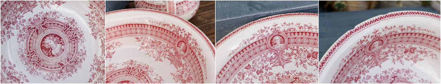 PARISA Sarreguemines U&C French Antique Collectible Ironstone Red Transferware Bathroom Set Pitcher BROC & Basin CUVETTE Terre de fer