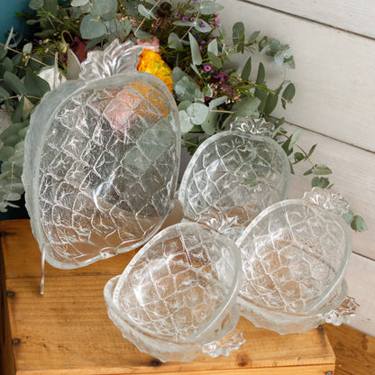 Borgonova VALERIA Italy Mid Century Vintage Pressed Textured Glass Pinapple Shaped Complete Bowl Serving Set Original Box 7 pieces Coupe et Coupelles