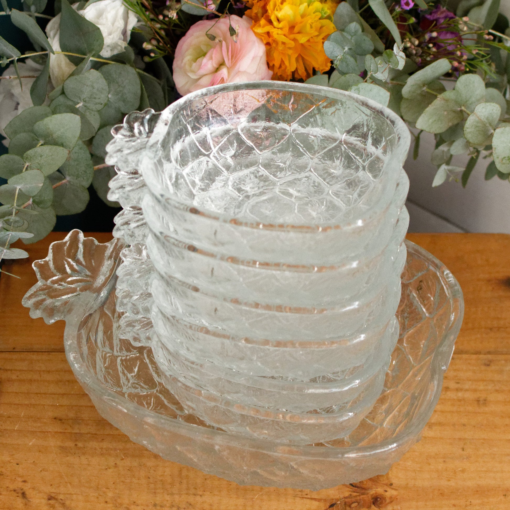 Borgonova VALERIA Italy Mid Century Vintage Pressed Textured Glass Pinapple Shaped Complete Bowl Serving Set Original Box 7 pieces Coupe et Coupelles