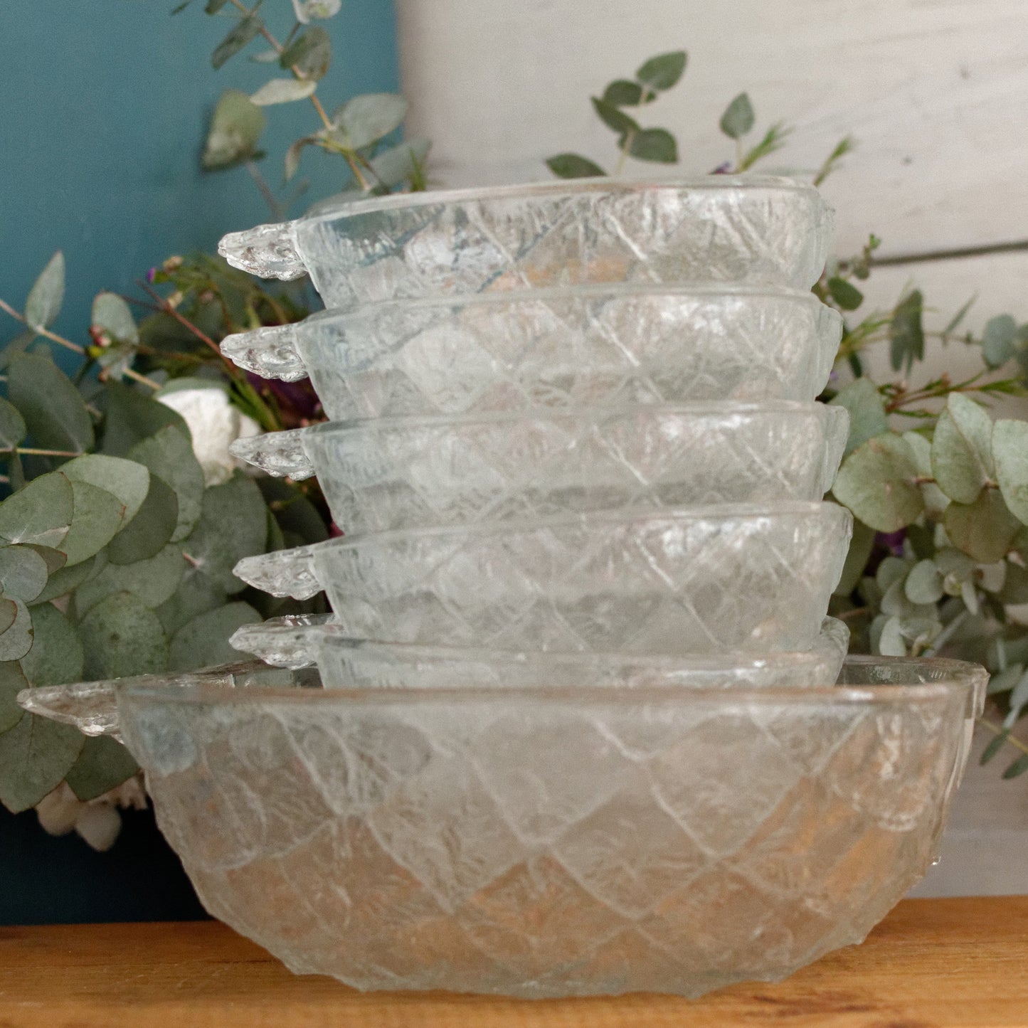 Borgonova VALERIA Italy Mid Century Vintage Pressed Textured Glass Pinapple Shaped Complete Bowl Serving Set Original Box 7 pieces Coupe et Coupelles