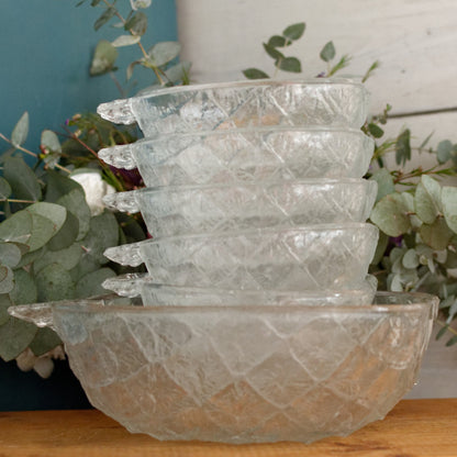 Borgonova VALERIA Italy Mid Century Vintage Pressed Textured Glass Pinapple Shaped Complete Bowl Serving Set Original Box 7 pieces Coupe et Coupelles