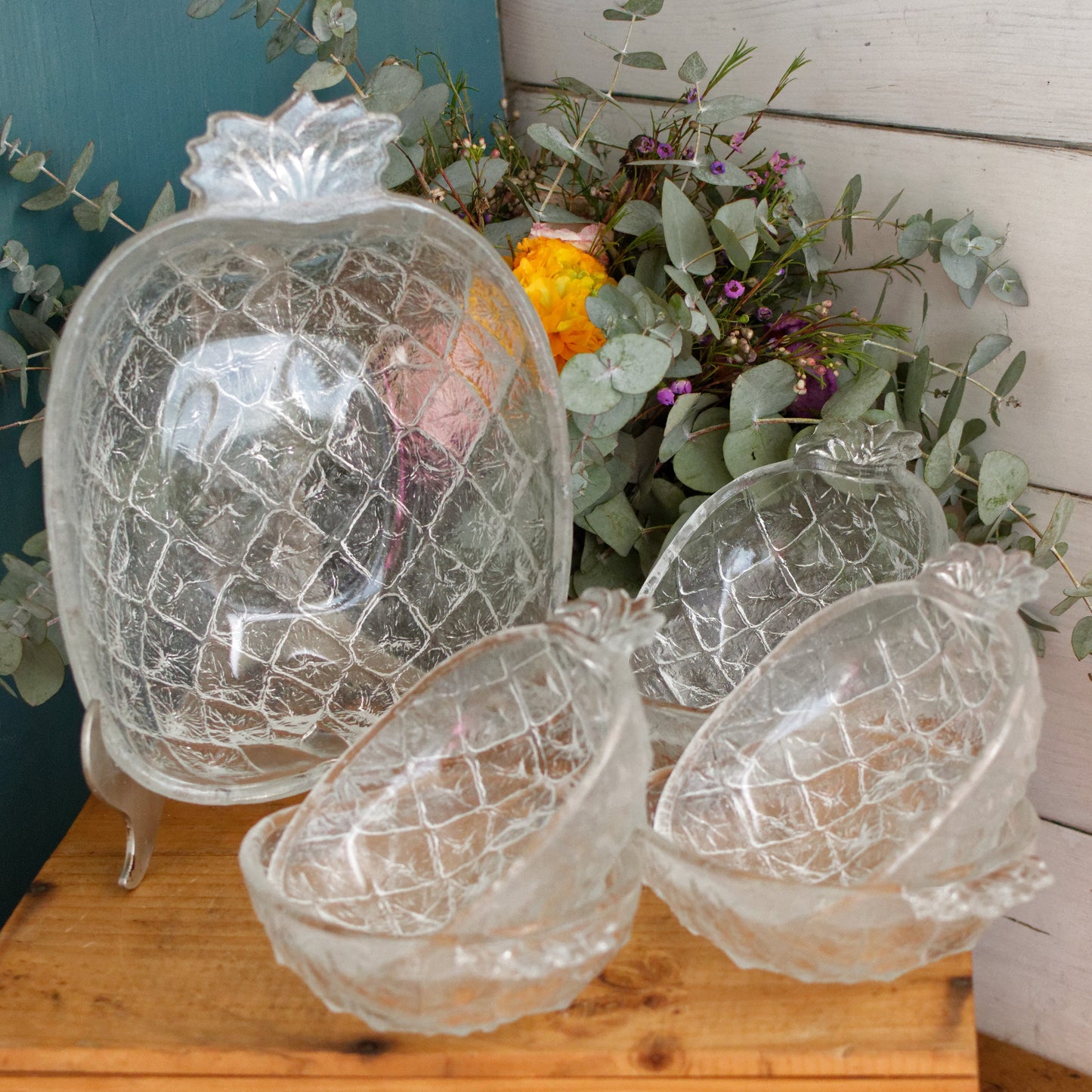 Borgonova VALERIA Italy Mid Century Vintage Pressed Textured Glass Pinapple Shaped Complete Bowl Serving Set Original Box 7 pieces Coupe et Coupelles