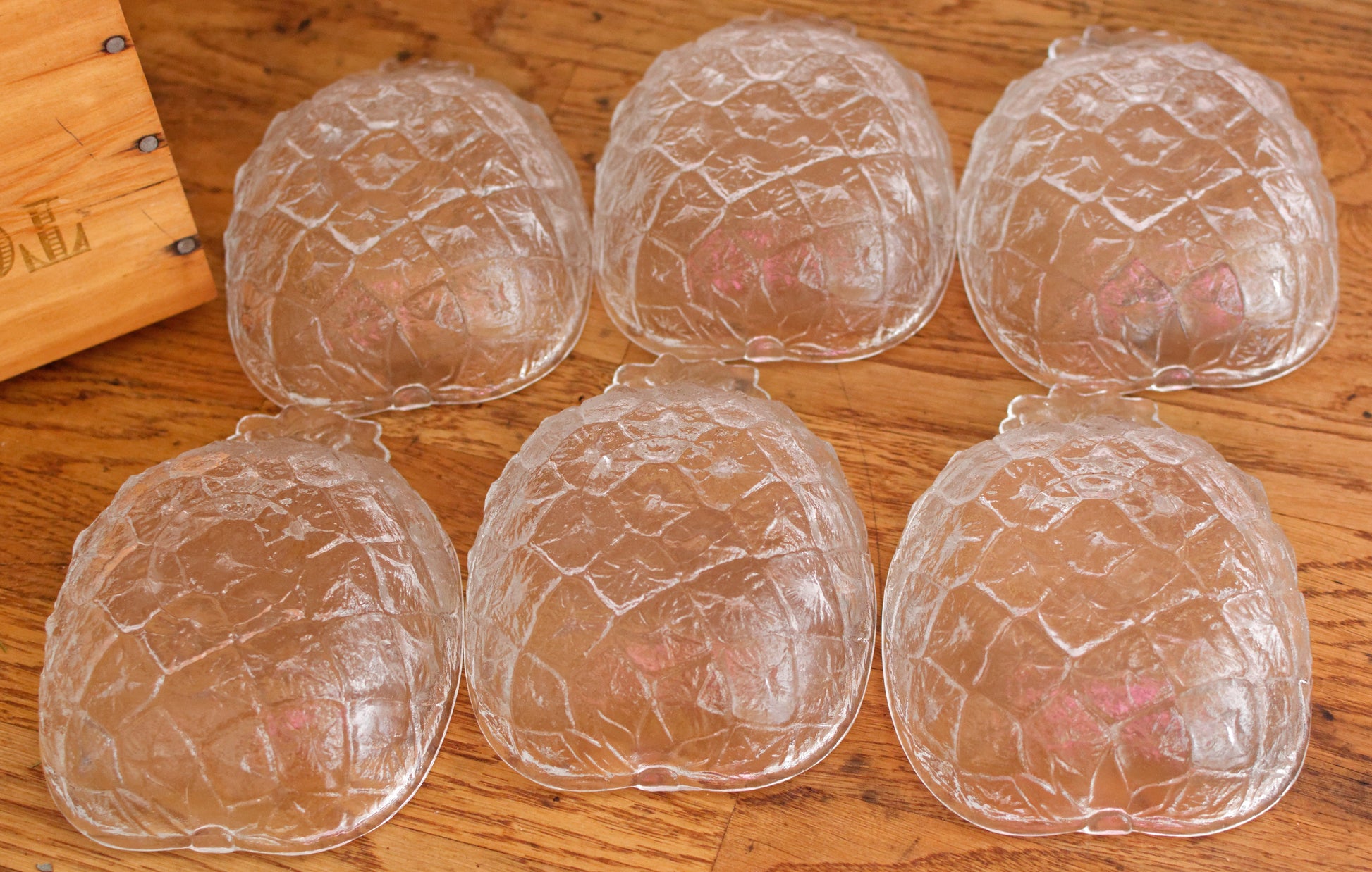 Borgonova VALERIA Italy Mid Century Vintage Pressed Textured Glass Pinapple Shaped Complete Bowl Serving Set Original Box 7 pieces Coupe et Coupelles