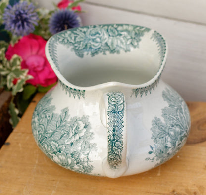 JARDINIERE Faienceries de Castres French Antique Collectible Ironstone Teal Green Blue Transferware Bathroom Pitcher BROC Terre de fer